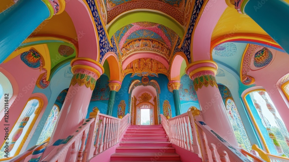 Obraz premium The vibrant frescoes and colorful artwork adorning the ceiling of Cao Dai Temple.