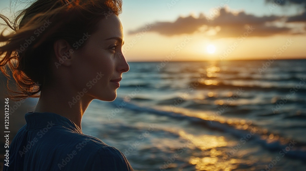 A woman stands alone on a beach during sunset A woman stands alone on a beach during sunset