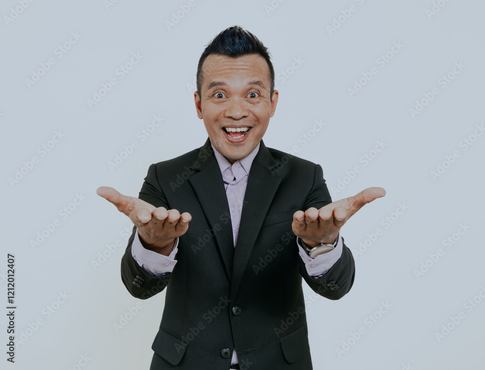 Asian boss manager business man smiling happy with both hand doing giving something pose. Asian boss manager business man smiling happy with both hand doing giving something pose.