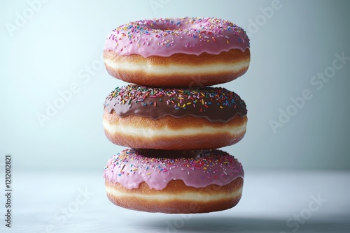 Three delicious donuts stacked high, showcasing pink, chocolate, and pink icing with colorful sprinkles. A tempting treat for any sweet tooth.