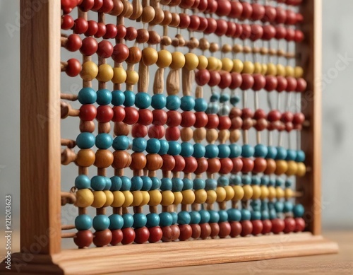 Close-up of traditional wooden abacus with vibrant beads, Arithmetic, Education, Retro photo