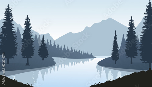 Silhouette of coniferous forest and lake. Vector illustration.