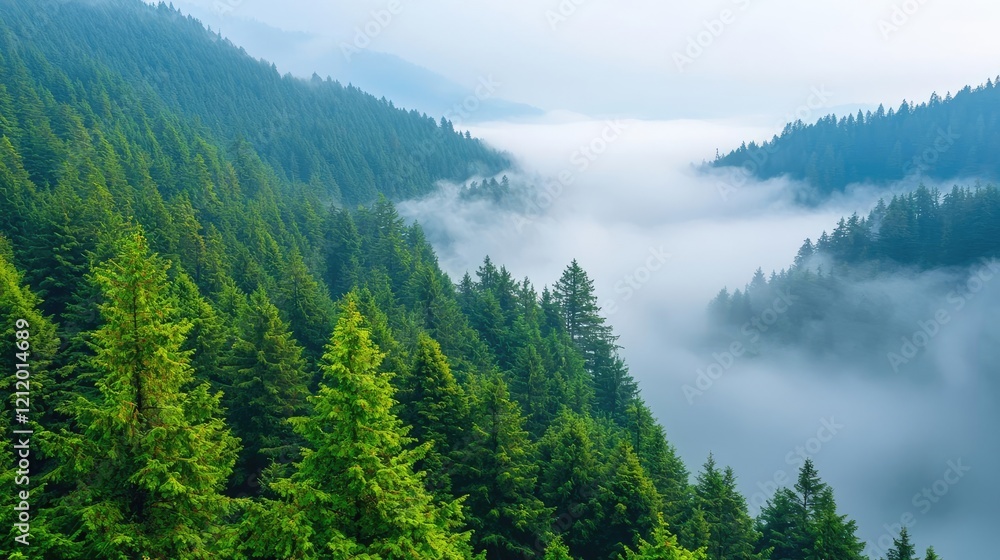 Obraz premium High-altitude forest overwhelmed by smog from the city below, PM 2.5 pollution's reach