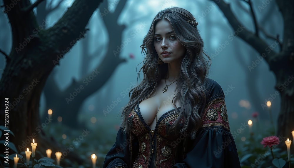 Enchanting young woman in a dark forest, exuding a mystical and regal aura. Enchanting young woman in a dark forest, exuding a mystical and regal aura.