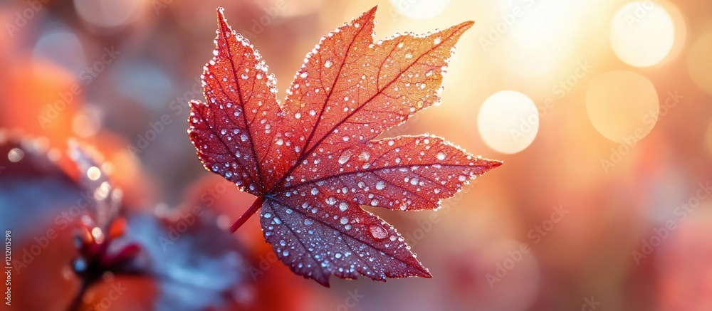 Fototapeta premium Autumn's Embrace: A Dew-Kissed Maple Leaf Basking in the Golden Sunlight