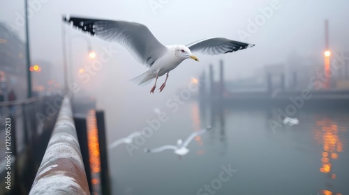 Seagulls flying through a smog-filled sky over polluted waters, PM 2.5's impact on birds photo