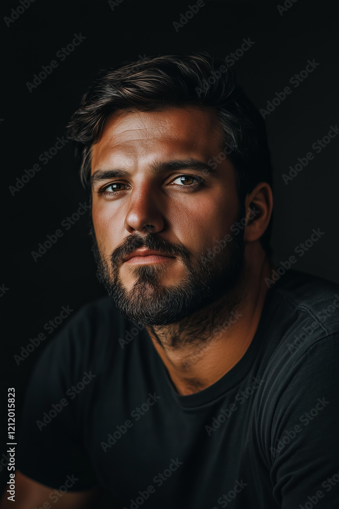 Fototapeta premium a close-up portrait of a bearded man with dark hair and deep eyes, wearing a simple black t-shirt, illuminated by soft light highlighting his facial features, set against a dark background