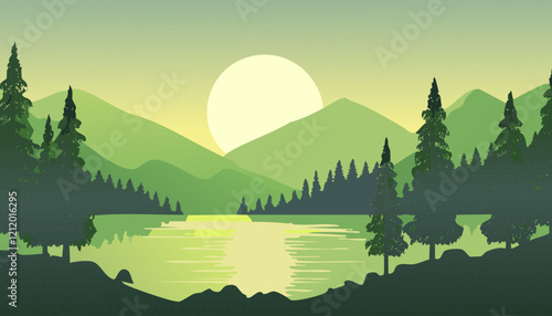 Beautiful landscape with mountains, lake and pine trees. Vector illustration.