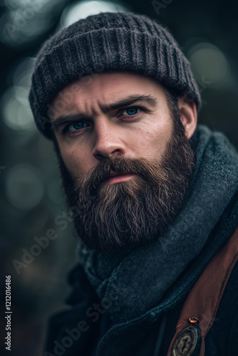 a rugged outdoor portrait of a bearded man wearing a knit hat and scarf, intense gaze, natural lighting, forest background with soft bokeh effect, autumnal tones, concept of wilderness lifestyle  photo