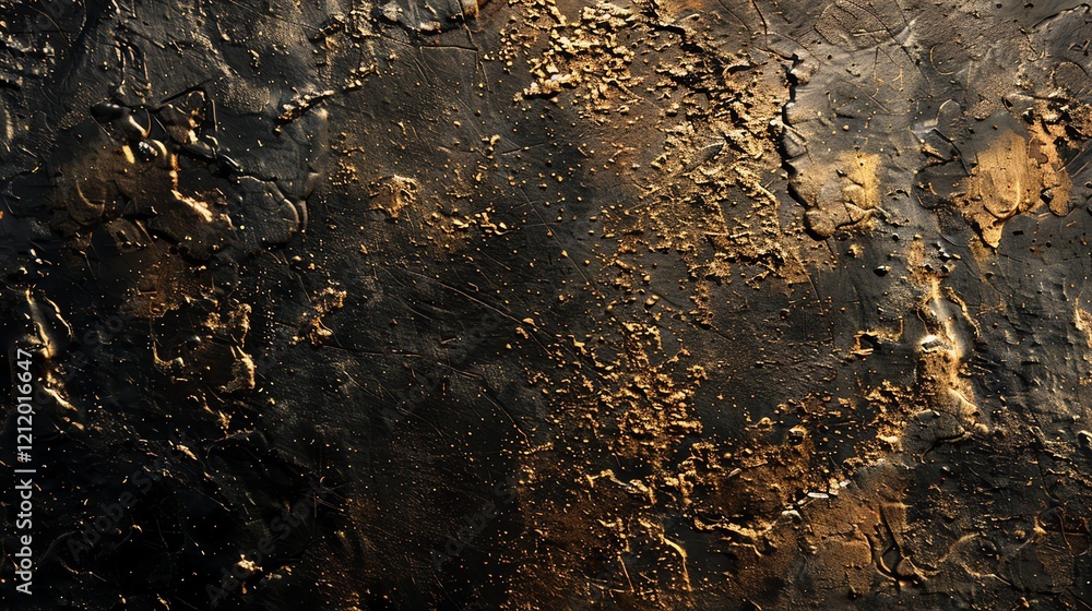 Black and gold abstract painting. Rough texture. Golden glitter on a black background. Black and gold abstract painting. Rough texture. Golden glitter on a black background.