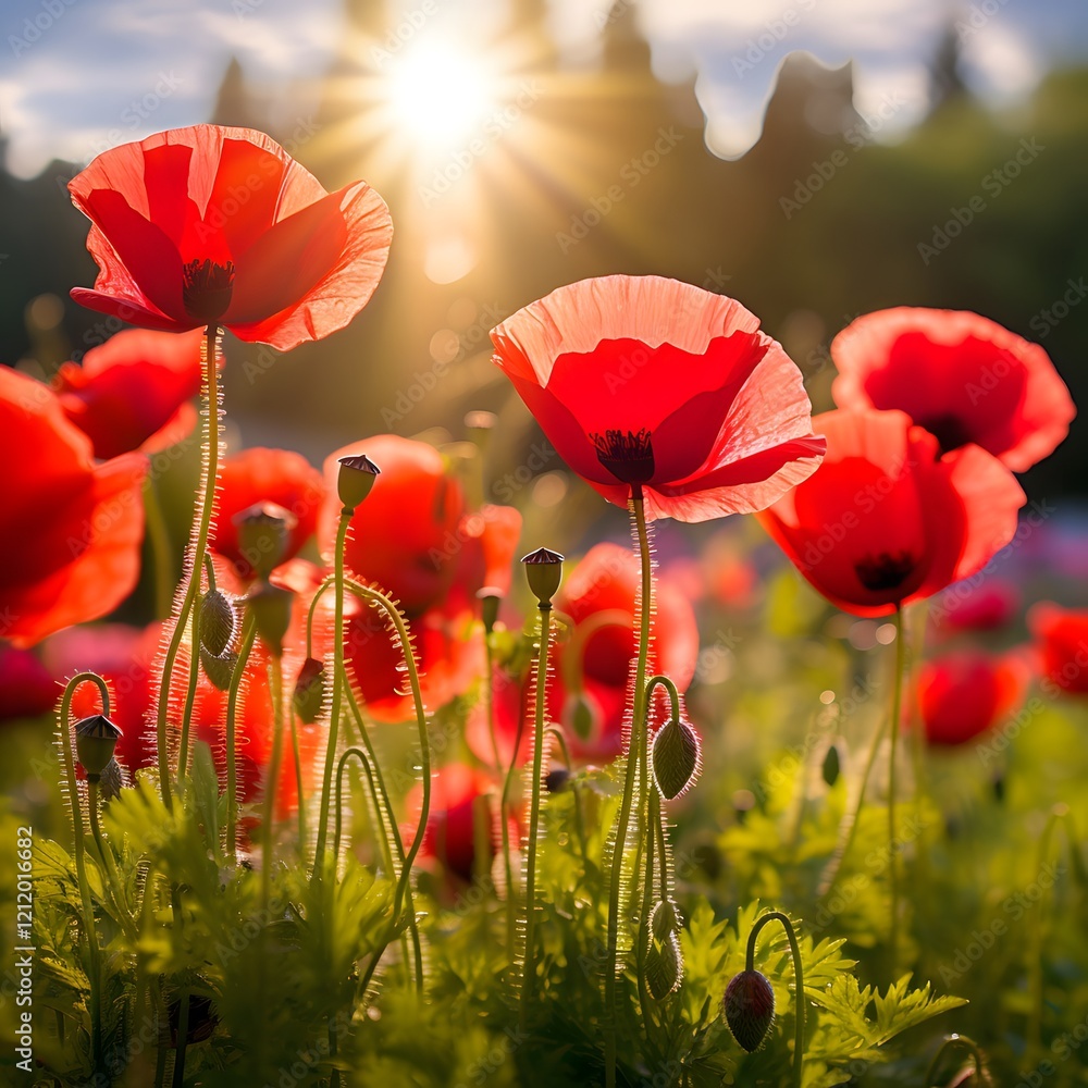 Obraz premium Poppy flowers bloom in a vibrant field as sunlight bathes the landscape during golden hour in spring