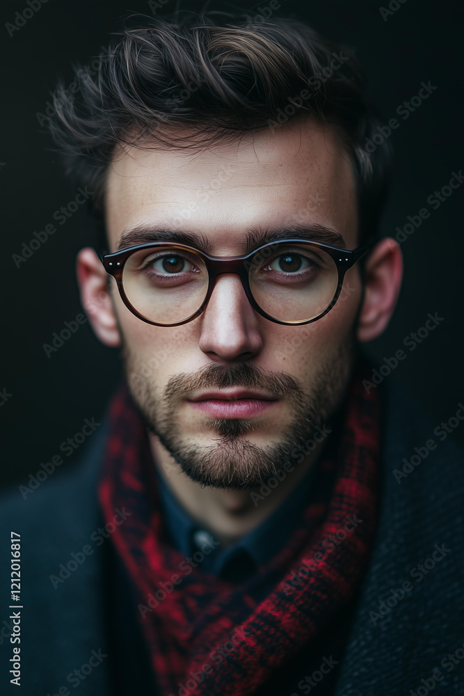 a close-up portrait of a young man with a well-groomed beard and stylish glasses, wearing a dark coat and a textured scarf in a dimly lit setting, concept of intellectual elegance, modern masculinity a close-up portrait of a young man with a well-groomed beard and stylish glasses, wearing a dark coat and a textured scarf in a dimly lit setting, concept of intellectual elegance, modern masculinity