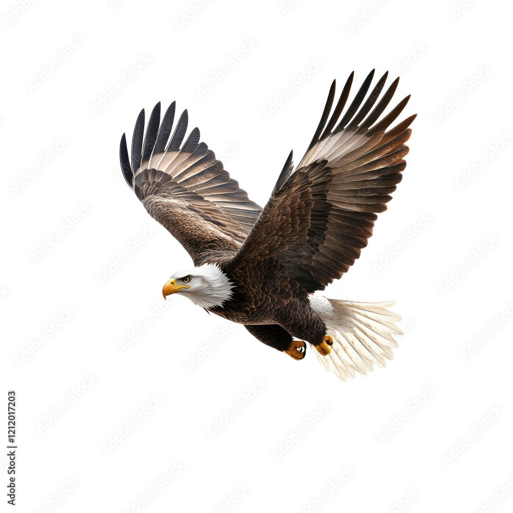 Fototapeta premium Majestic Bald Eagle in Flight Against White Background