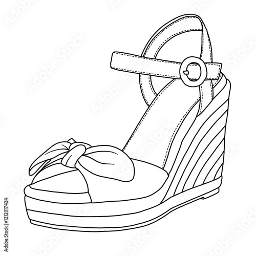 Women's Espadrilles Wedges Bow Platform Sandals Open Toe Ankle Strap line art, Technical sketch hand drawing outline vector doodle side view isolated on white background for coloring page