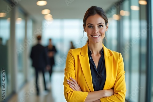 A confident woman in a stylish yellow blazer stands in a bright, modern office hallway photo