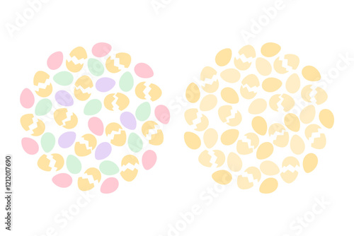 Cracked eggshell and eggs Colorful and Golden Circular backgrounds. Ester greeting design idea Set 2