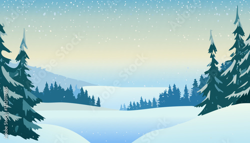 Winter landscape with fir trees and snowflakes, vector illustration.