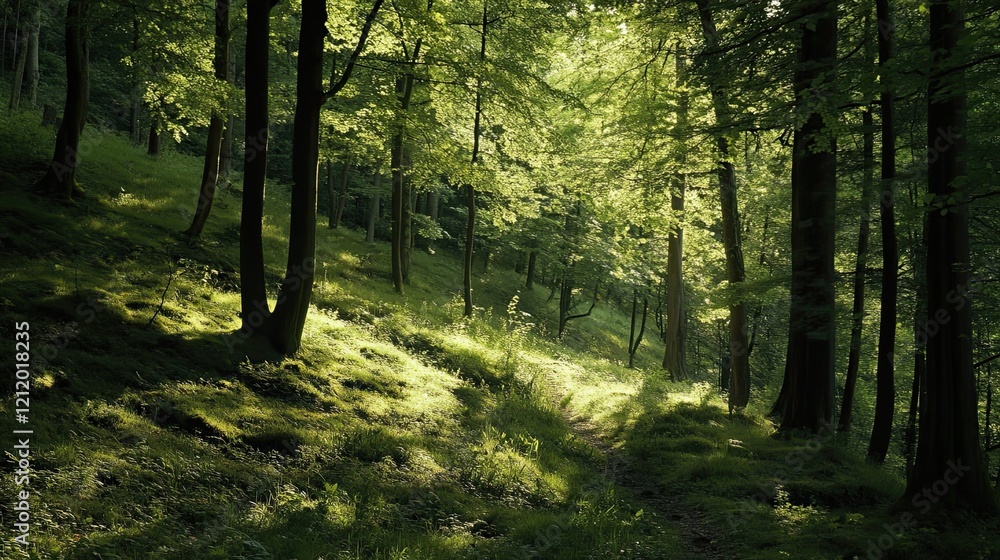 Obraz premium Sunlit forest path, dappled light, green woodland, tranquil nature scene, ideal for nature documentaries