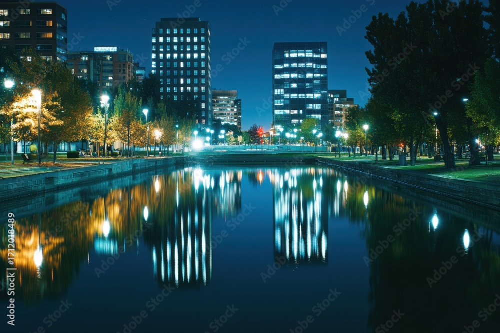 Naklejka premium Nighttime Panoramic View of a Financial Hub Showcasing City Lights Reflected in a Calm River with Urban Park on the Bank