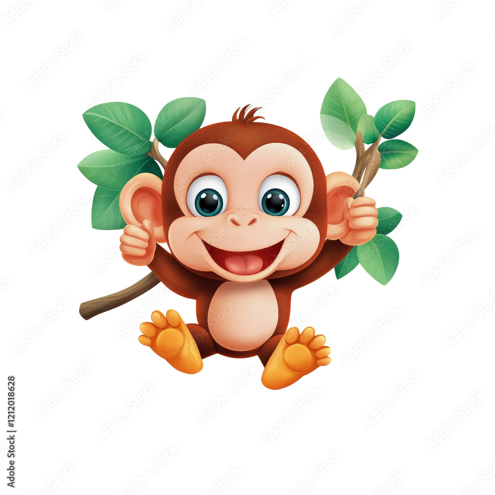 Obraz premium Adorable Cartoon Baby Monkey Hanging on Branch