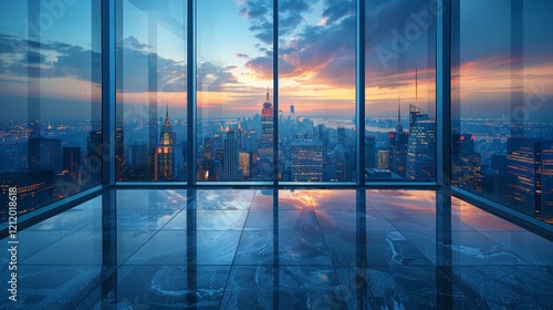 Tranquil Urban Oasis Surrounded by Skyscrapers  Aerial Perspective with Soft Evening Glow and Contemporary Chic