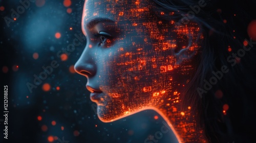 Young woman with digital face glowing in futuristic neon lights photo