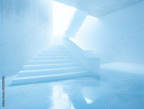 White staircase in a hazy  minimalist interior.