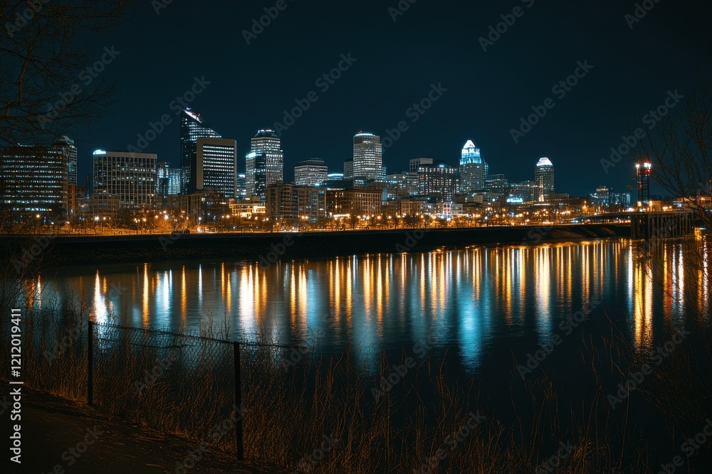 Naklejka premium Panoramic Night View of a Vibrant Financial Hub with City Lights Reflecting on a Calm Nearby River – A Stunning Wide Shot of Urban Life