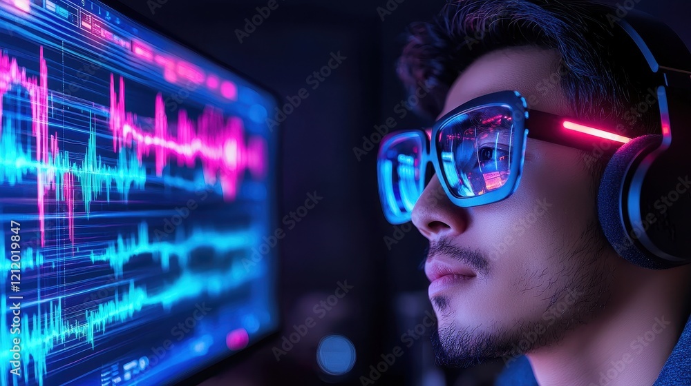 Analyzing sound waves young man engaged in audio editing home studio digital media close-up technology Analyzing sound waves young man engaged in audio editing home studio digital media close-up technology