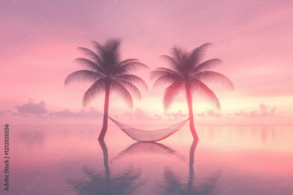 Two tropical palm trees with a swing hanging between them, creating a warm and serene landscape. Two tropical palm trees with a swing hanging between them, creating a warm and serene landscape.
