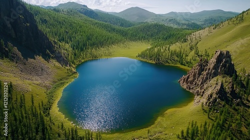 Mountain lake aerial view, lush green valley, sunny day, travel backdrop