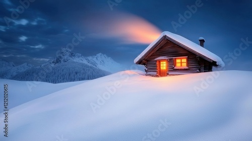 Cozy cabin retreat snowy mountains winter landscape peaceful environment nighttime view tranquility concept
