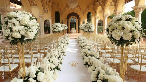 Elegant outdoor wedding ceremony aisle, white flowers, grand mansion photo