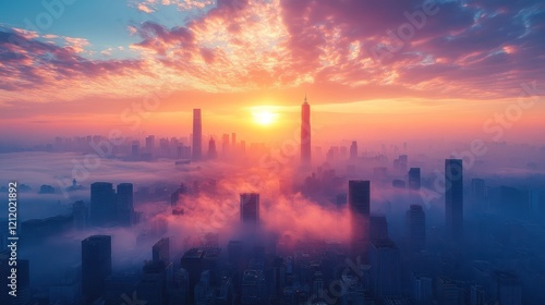 Sunrise Cityscape  A Misty Dawn Over the Urban Skyline