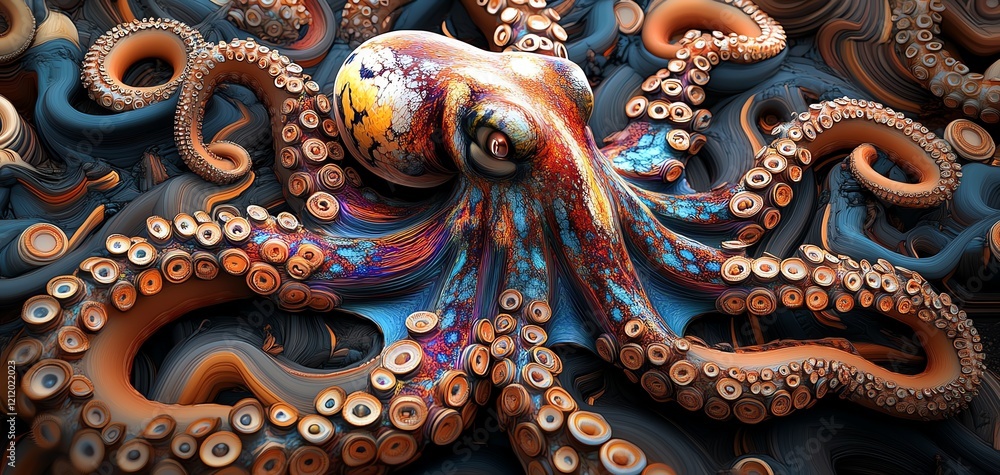 Fototapeta premium A vibrant octopus dynamically expressing emotions, swirling patterns and colors blending into its environment, wide-angle view, intricate details, photorealistic digital art