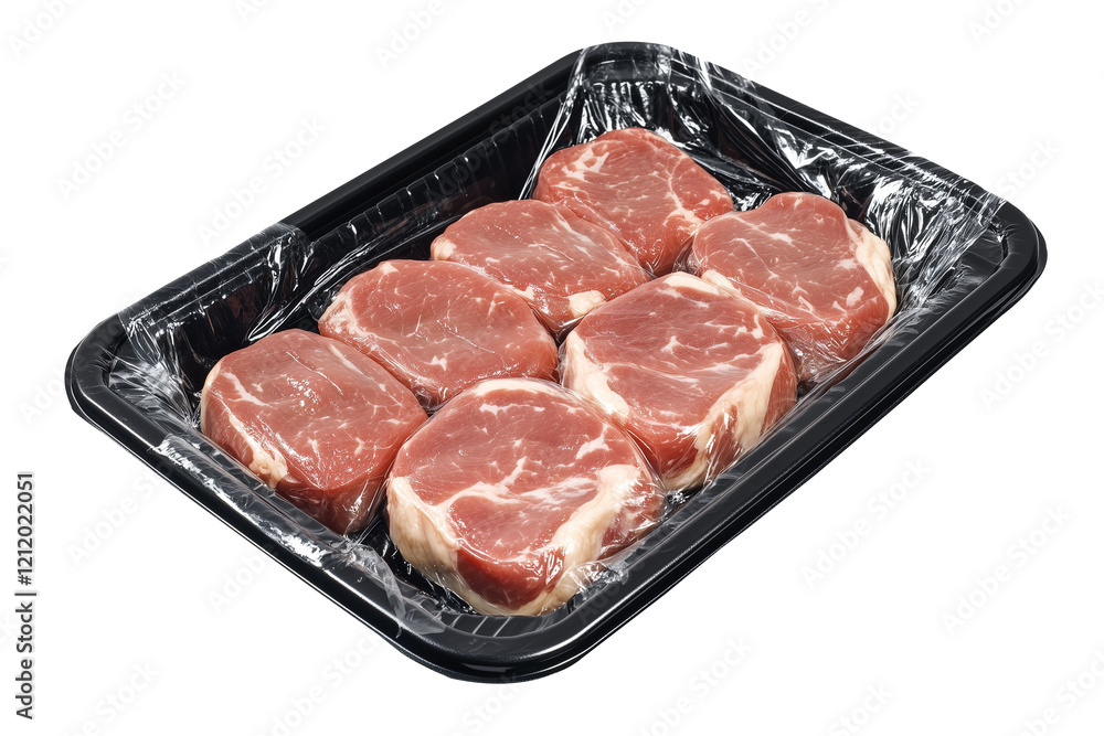 Supermarket Black Plastic Tray with Raw Tenderloin Isolated on Transparent Background Supermarket Black Plastic Tray with Raw Tenderloin Isolated on Transparent Background