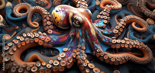 Wallpaper Mural A vibrant octopus dynamically expressing emotions, swirling patterns and colors blending into its environment, wide-angle view, intricate details, photorealistic digital art Torontodigital.ca