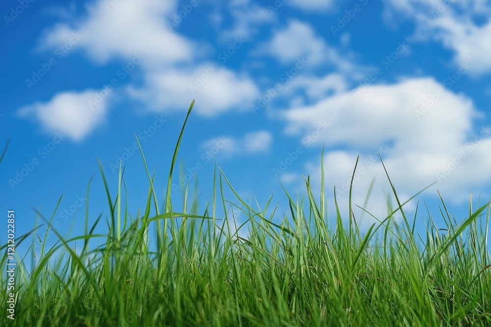 Fototapeta premium Lush green grass with a clear blue sky behind, suitable for outdoor or nature-themed projects