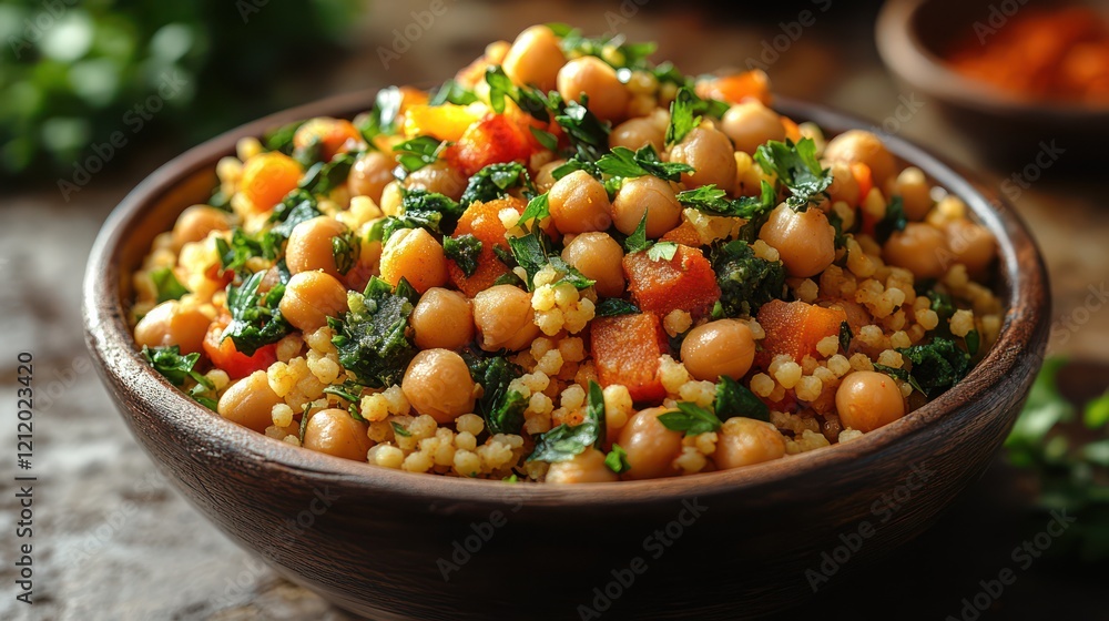 Delicious Chickpea and Couscous Bowl with Roasted Sweet Potatoes and Parsley Delicious Chickpea and Couscous Bowl with Roasted Sweet Potatoes and Parsley