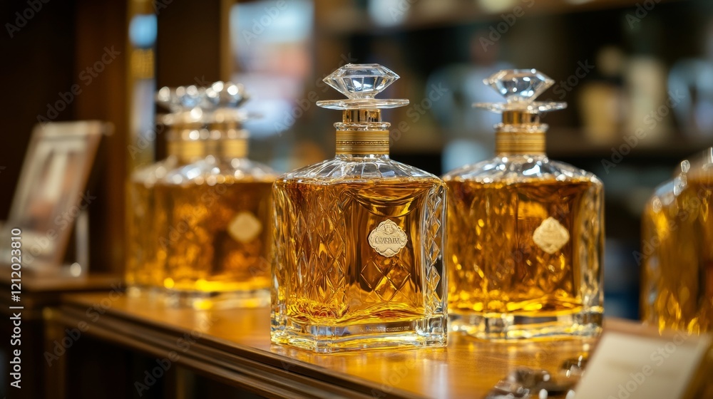 Golden whiskey decanters in a luxurious bar setting Golden whiskey decanters in a luxurious bar setting