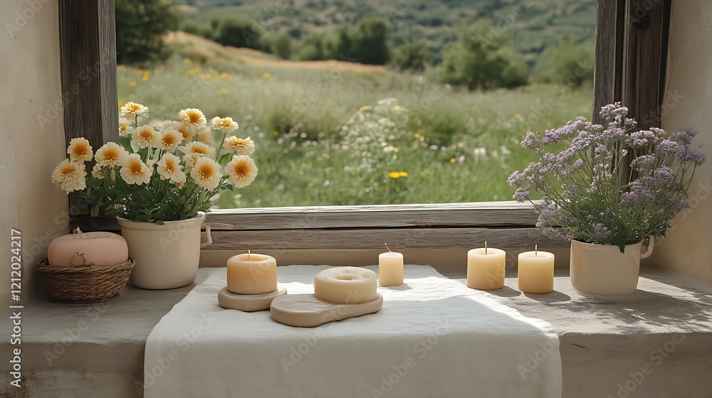 Fototapeta premium Serene Windowsill Still Life with Flowers and Candles