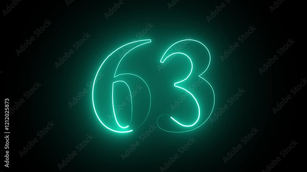 Abstract Glowing neon number 63. Educational mathematics 63 animation on black background in green color. 4k motion graphics animation.