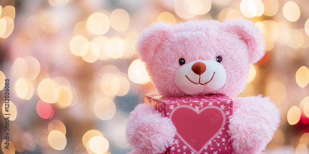 Fototapeta premium Pink Teddy Bear with Heart and Gift Box for Valentine’s Day