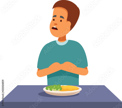 Child refusing to eat healthy vegetables looking away from broccoli and omelette dish sitting at table