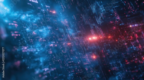 Abstract digital data stream with glowing blue and red lines.