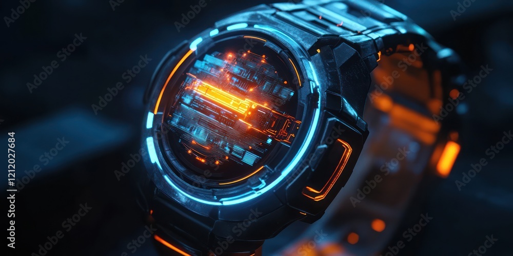 Futuristic watch, glowing dial, dark background, tech concept Futuristic watch, glowing dial, dark background, tech concept