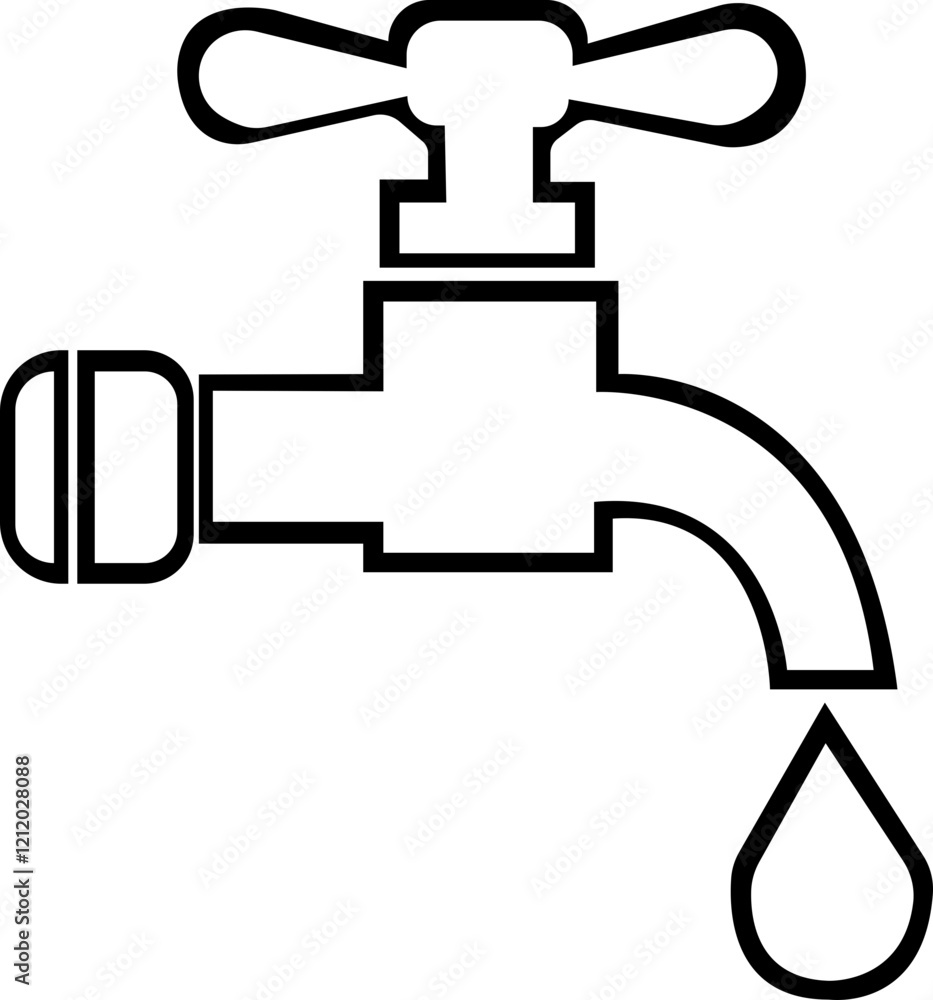 water faucet icon.line art illustration with dripping droplets on white background for graphic.Water tap with flowing water in one line art style.Drinking water company symbol for apps and websites. water faucet icon.line art illustration with dripping droplets on white background for graphic.Water tap with flowing water in one line art style.Drinking water company symbol for apps and websites.