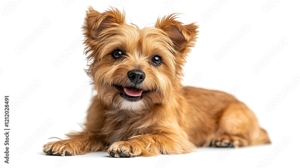 A cheerful mixed breed dog is sitting alone against a white background. A cheerful mixed breed dog is sitting alone against a white background.