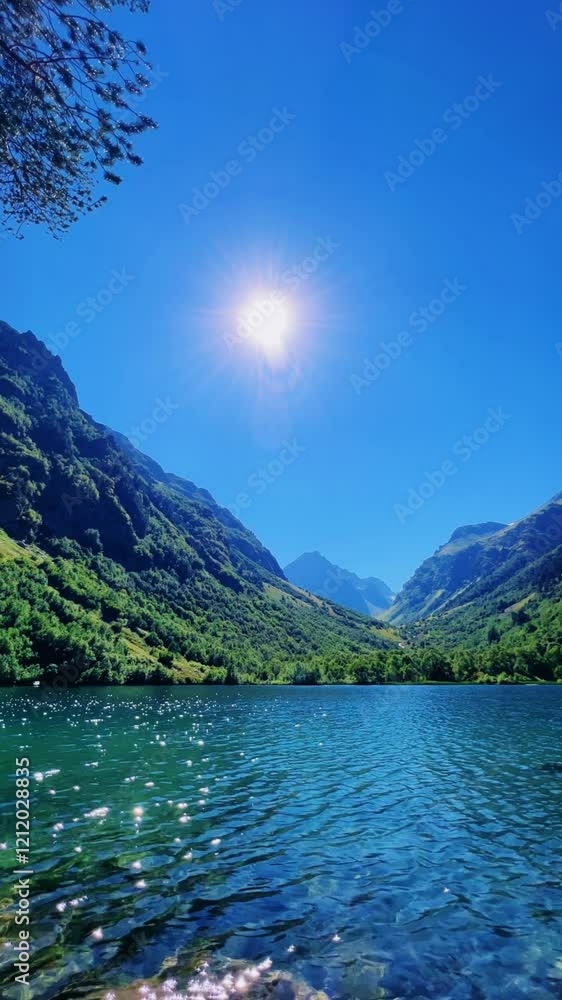 Turquoise water of the Baduk mountain lakes in a mountain valley in the mountains of the North Caucasus, on a sunny summer day. The blue sky and mountain peaks are reflected in the lake. 4К Turquoise water of the Baduk mountain lakes in a mountain valley in the mountains of the North Caucasus, on a sunny summer day. The blue sky and mountain peaks are reflected in the lake. 4К