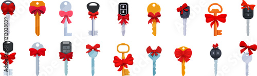 Key bow icons set. Various keys adorned with festive red bows symbolize gifts, new homes, vehicles, and opportunities, perfect for celebrating milestones